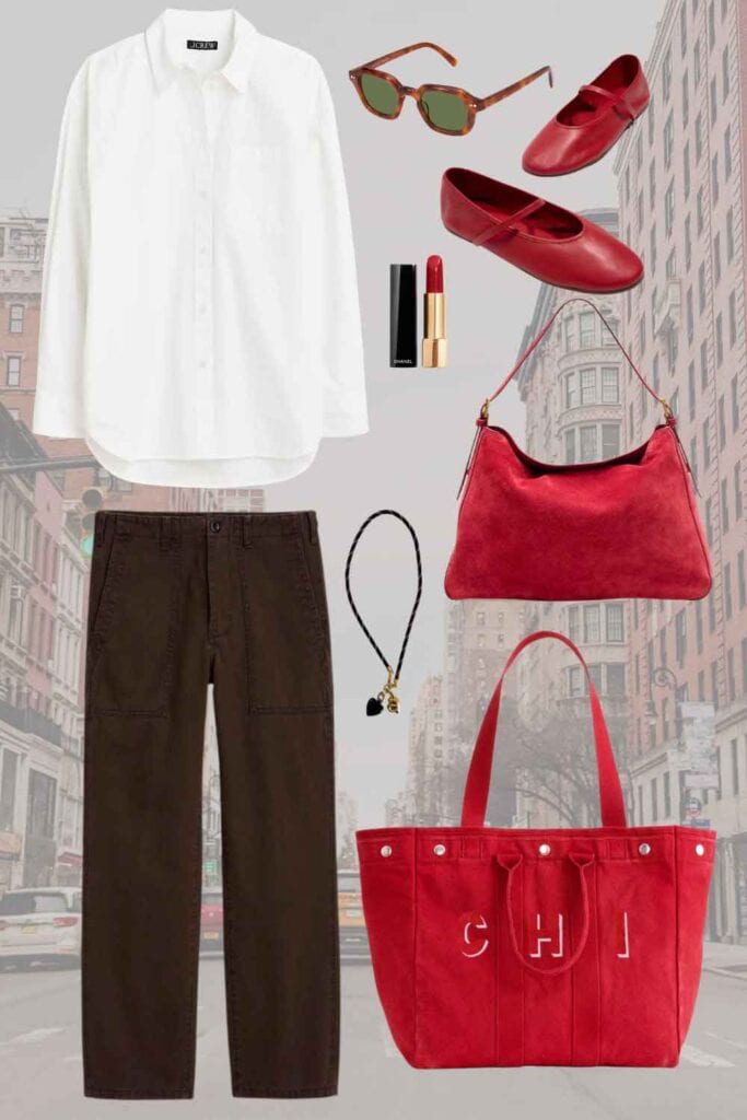 Red suede bag, red tote, red ballet flats, brown pants, white shirt, lipstick.