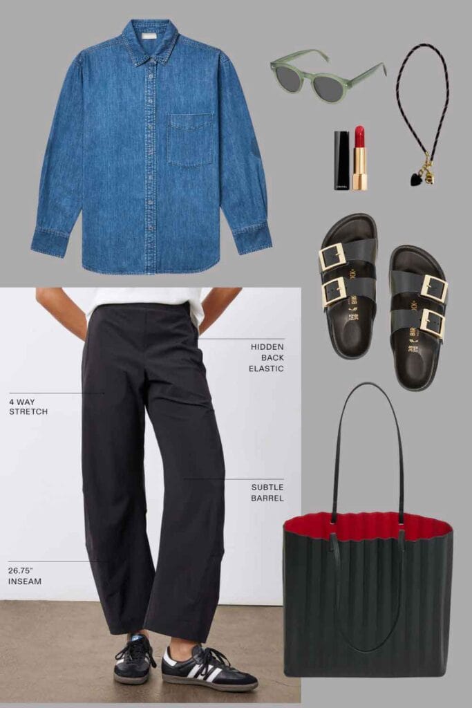 A graphic featuring a denim shirt, Birkenstock sandal, Ruti pants, a handbag, and some accessories.