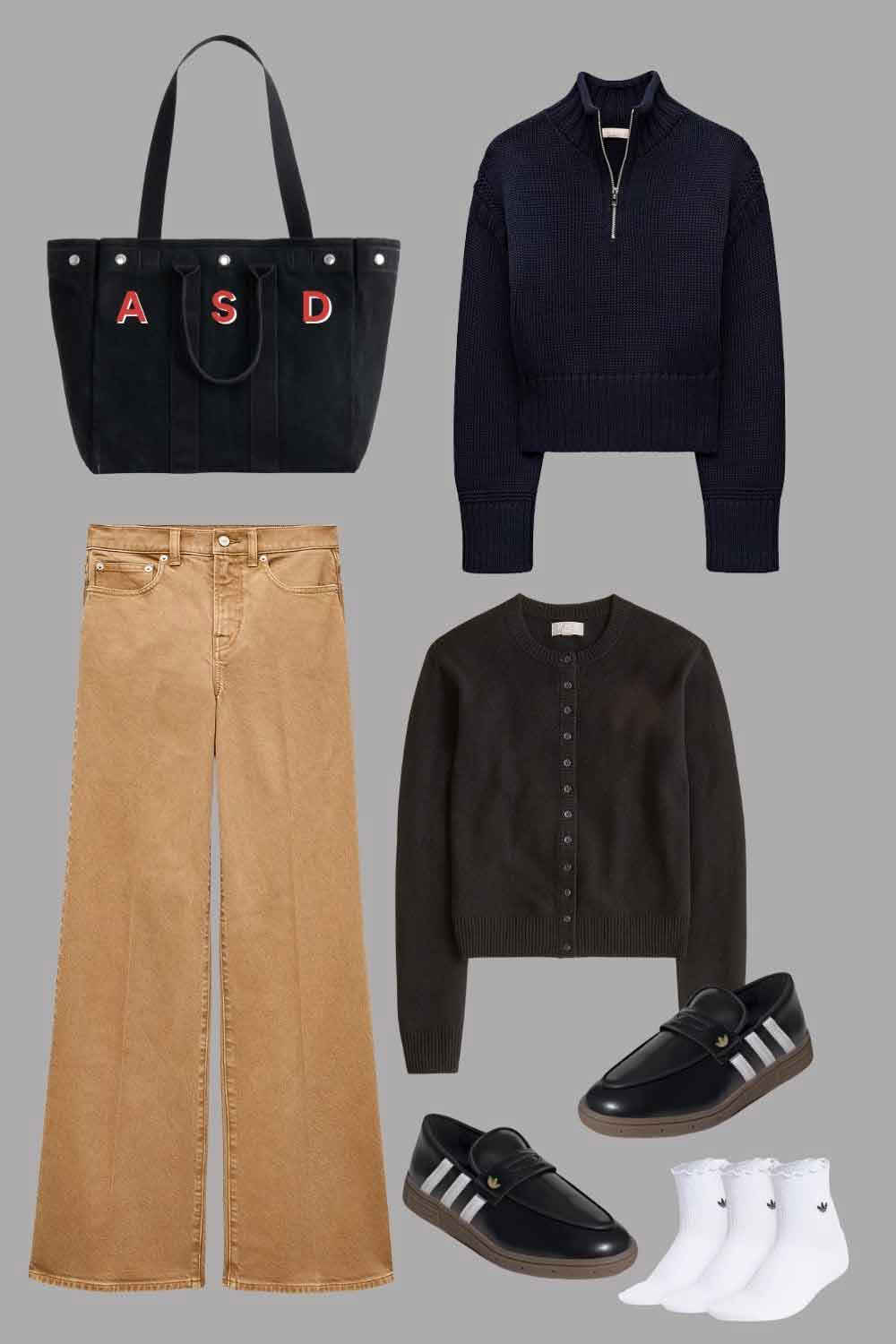 J.Crew den im trousers, Adidas loafers, sweaters, bag.