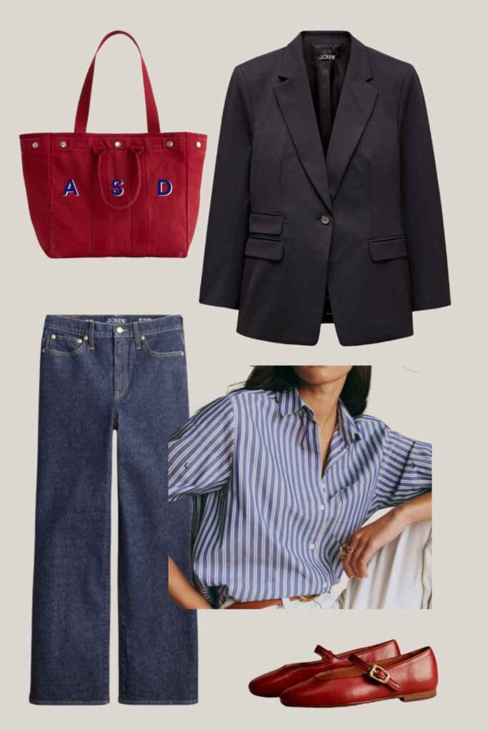 Black blazer, Alex Mill red tote, stripe shirt, red ballet flats.