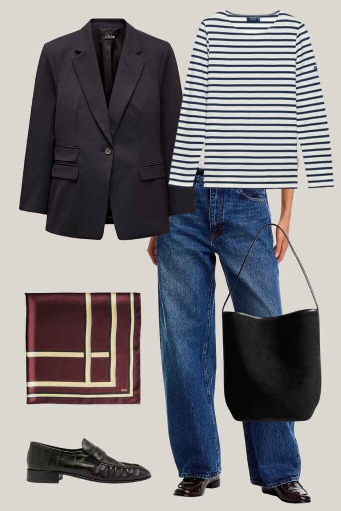 Black blazer, stripe shirt, scarf, laofers, jeans, black bag.