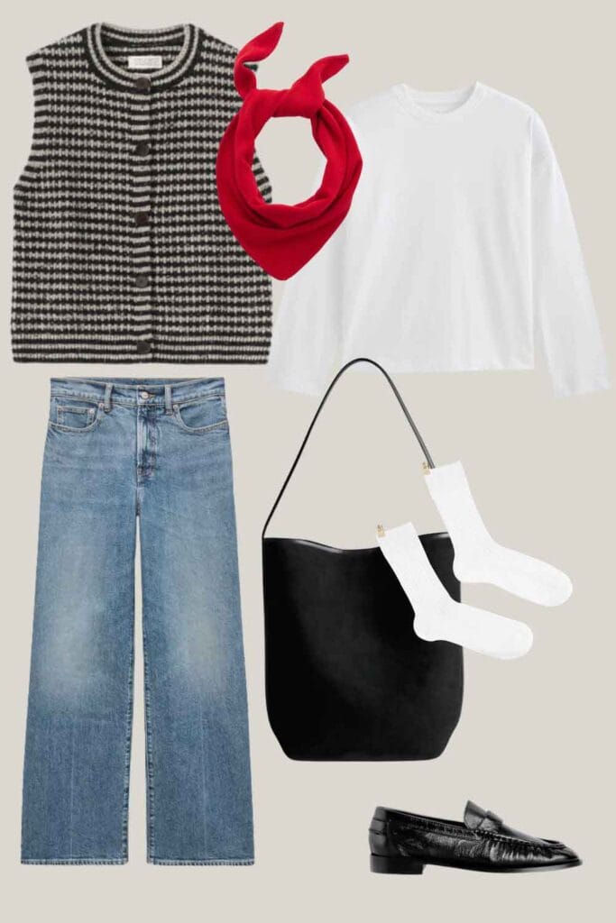 Knit vest, red knit scarf, white tee, jaens, loafers.