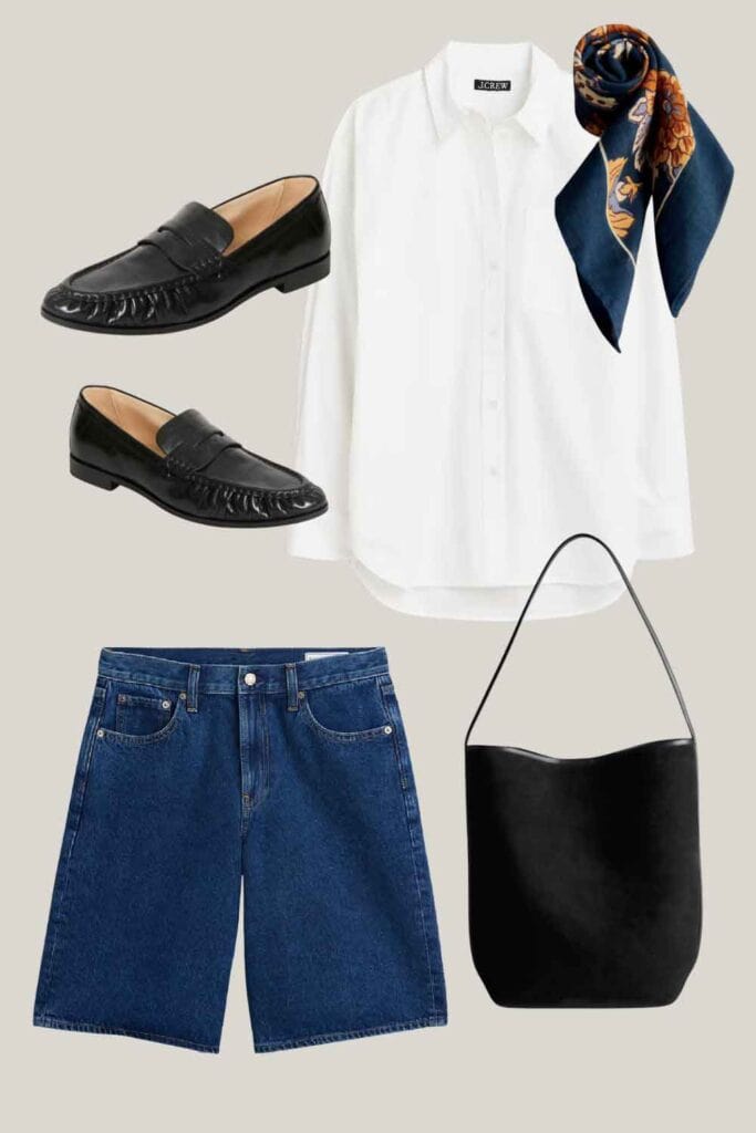 White shirt, scarf, denim shorts, loafers.