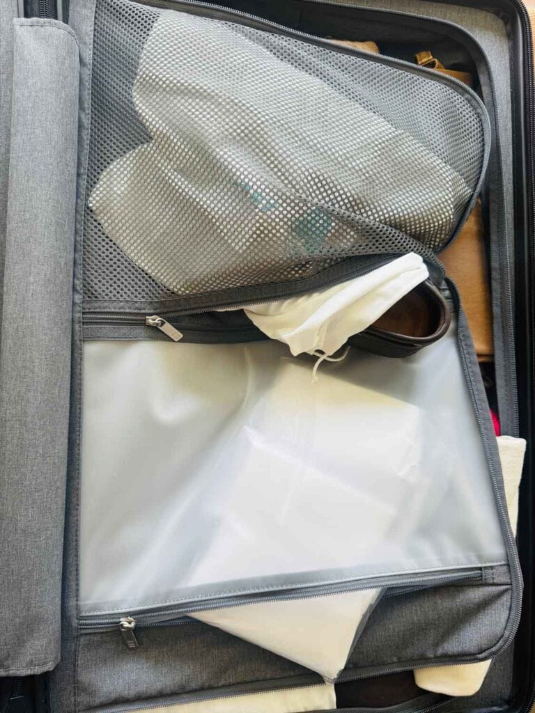 Shoes and butter can be packed in the separate compartments of Level8 luggage.