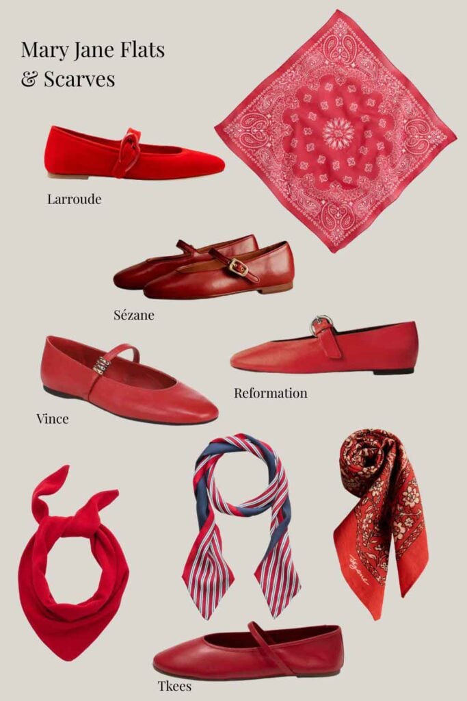 Red accessories, bandana, knit scarf. bllet flats, Mary Jane flats, skinny scarf.