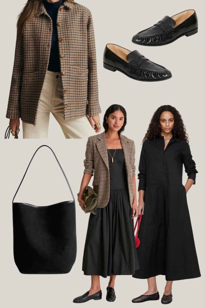 Will jacket, loafers, black bag, black dresses.