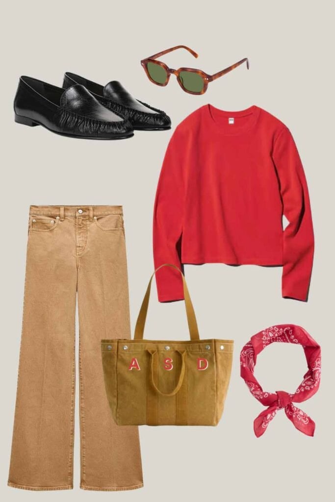Black loafers, red long-sleeve tee, jeans in tan, sunglasses, bandana, tote.