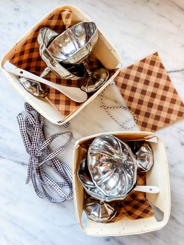 Wooden berry crates with vinatege stainless coupes, brown gingham ribbon, twine.