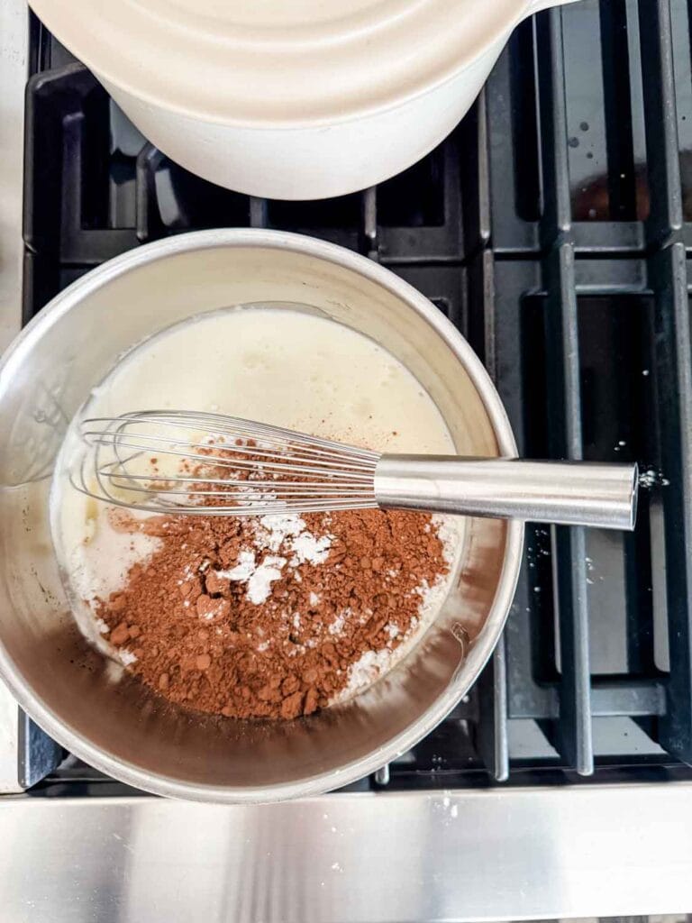 Add the cocoa and dry ingredints to pan on stove.