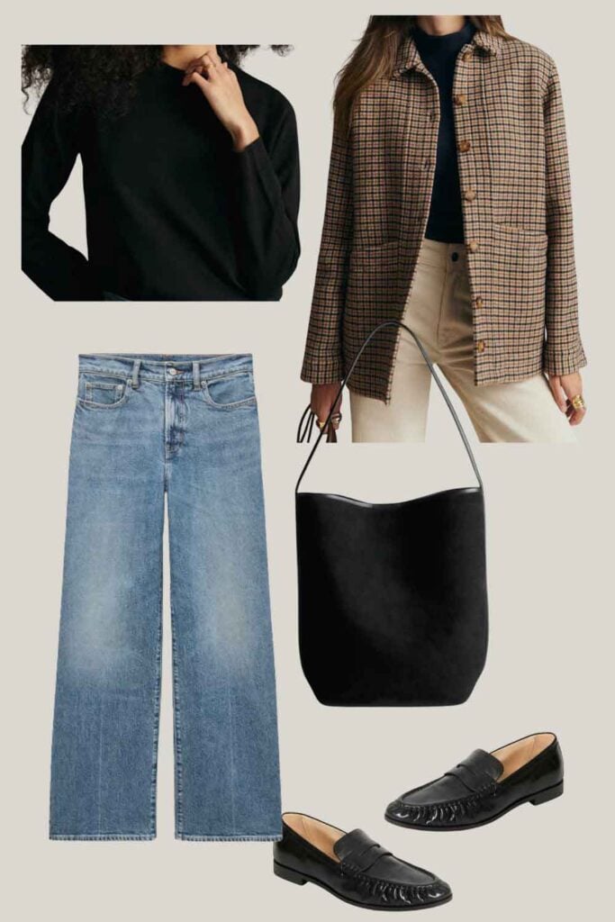 Houndstooth Will jacket, jeans, sweater, bag. loafers.