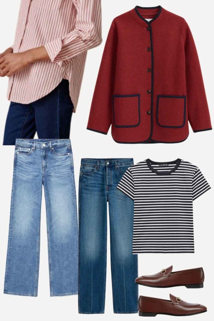 Denim, loafers, striped tee, boled wool coat.