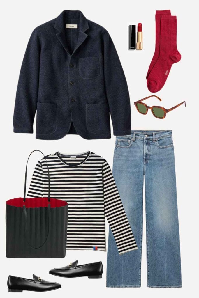 Wool chore coat, jeans, red socks, loafers, tripe tee, sunglasses.