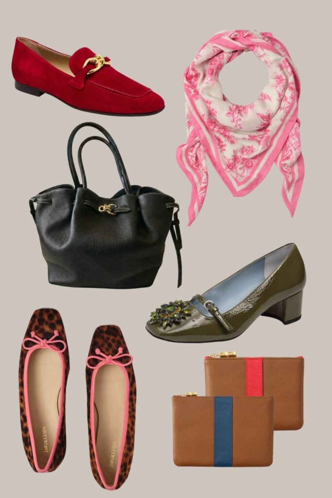 Re dloaders, olive green mary Janes, animal print ballet flats with pink trim, leather bag, pink toile scarf, clutches. 