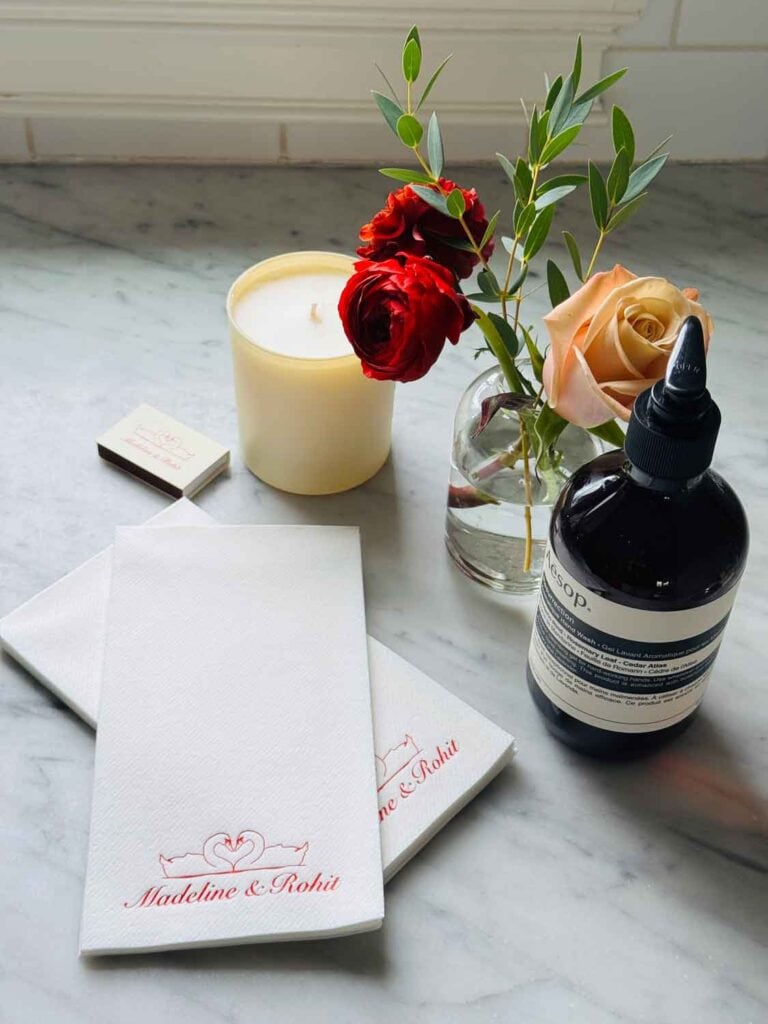 Hand soap, customized towels, and a small jar of flowers will go in the bathrooms of the restaurant.