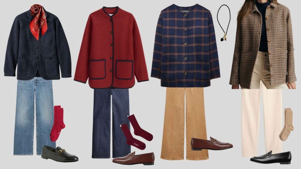 Four wool coats, pants, loafers, scoks, necklace.