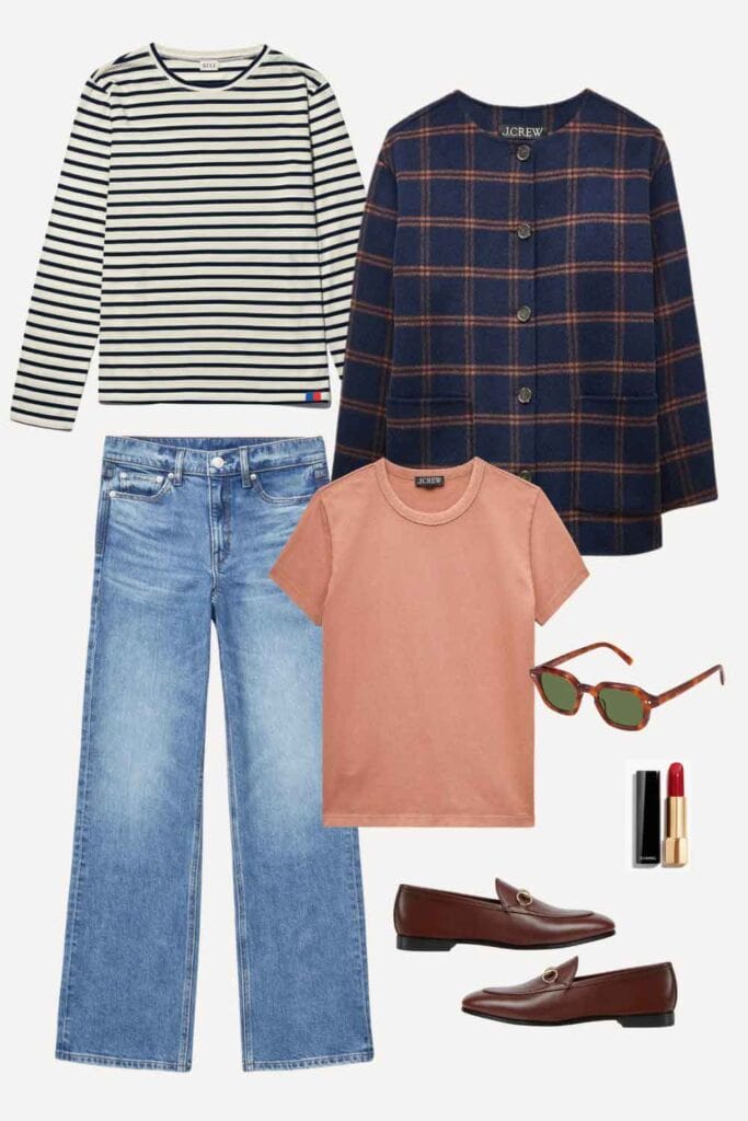 Jeans, tee, brown loafers, red lipstick, navy sweater coat.