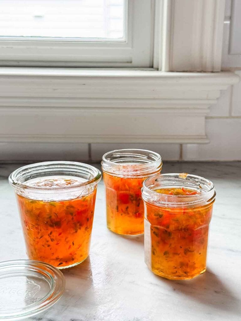 Jars of hot pepper jelly.