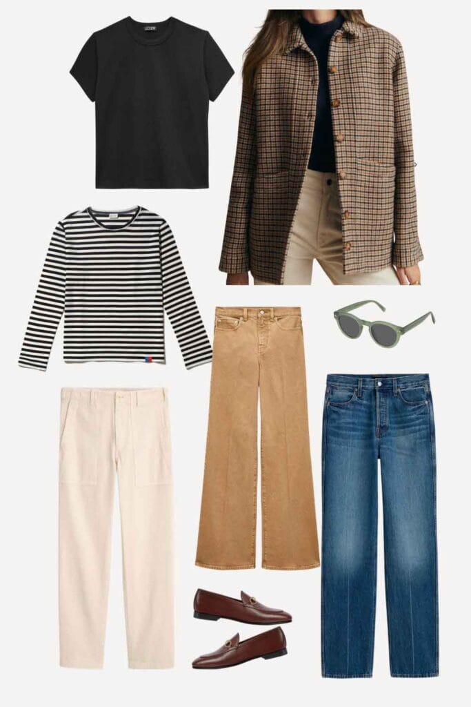Jeans, Sézane wool Will Houndstooth jacket, sunglasses, ecru pants, tan trousers, loafers.