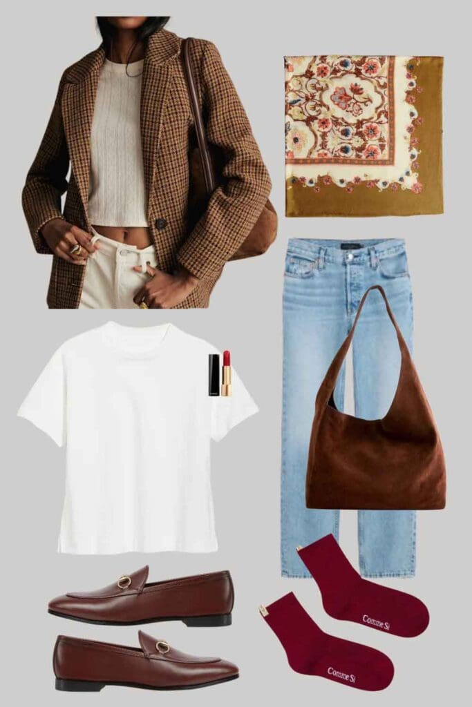 A graphic featuring a scarf, white t-shirt, jacket, jeans, a bag, loafers, and socks.
